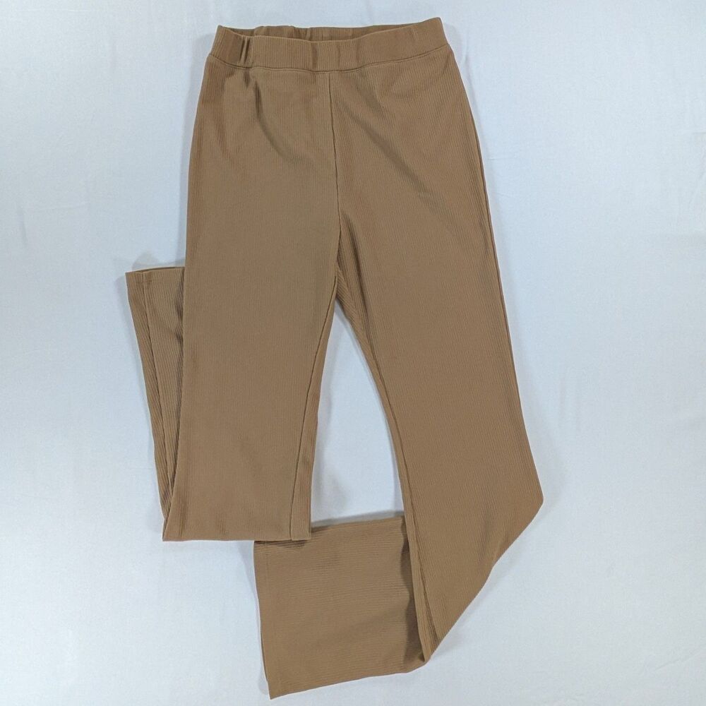 Elodie Womens Flare Pants Khaki Tan Pull On Stretch Slit Leg Hem  S New